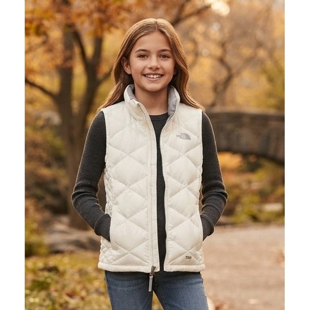 The North Face Girls Full Zip Vest 550 Goose Down Puffer L 14/16 White Quilted